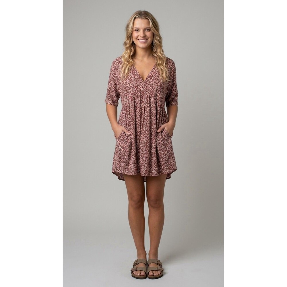 Natural Life Women's Stella Mini Oversized Floral Red Babydoll Dress Pocket L/XL